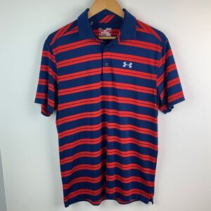 Under Armour Heatgear Men's Size Medium Loose Fit Blue/Red Stripe Polo Golf EUC